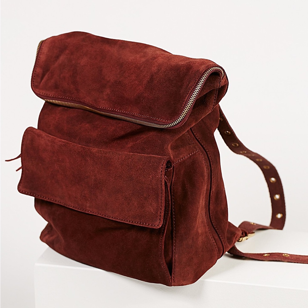 Free People Suede Burgundy Maroon Backpack Bag With Gold Grommet Detailing NWT